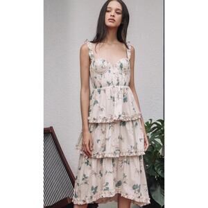 Sau Lee Peyton Pink Floral Bustier Midi Dress Cotton Lined Size 4